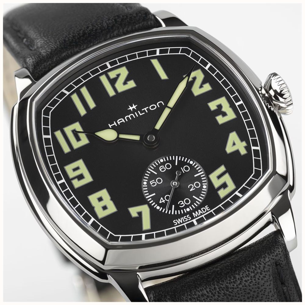 Hamilton American Classic Cushion Mechanical (34mm) Black Sunray Dial / Black Leather Strap Watch H36129730 - alternate view 6