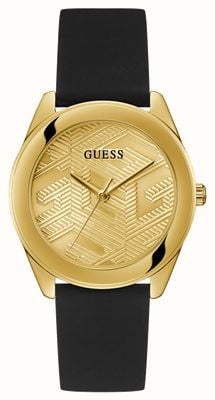 Guess Women's Cubed (40mm) Gold Dial / Black Silicone Strap GW0665L1