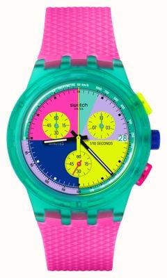 Swatch NEON FLASH ARROW (42mm) Multi-Coloured Dial / Structured Pink Silicone Strap SUSG408