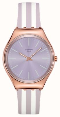 Swatch SIMPLY BEACHY (38mm) Purple Sun-Brushed Dial / Purple & White Striped Silicone Strap SYXG130