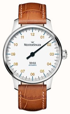 MeisterSinger N°03 (38mm) White Dial / Cognac Brown Leather Strap BM9901G