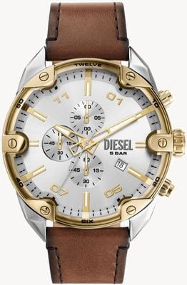 Diesel Spiked Chronograph (49mm) Silver Dial / Brown Leather Strap DZ4665
