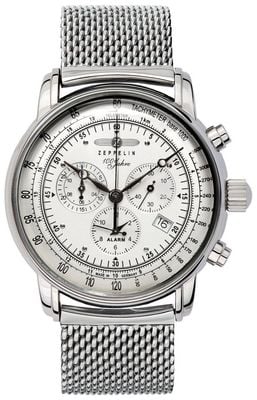 Zeppelin Men's 100 Years (42mm) Silver Chronograph Dial / Stainless Steel Mesh Bracelet 7680M-1