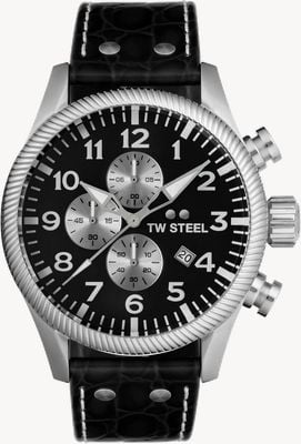 TW Steel Volante Quartz Chronograph (45mm) Black Dial / Black Leather Strap Watch VS110