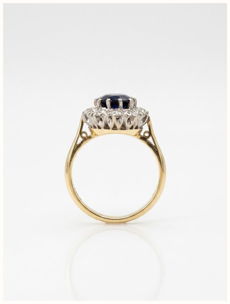 James Moore & Co Pre-Owned 18ct Yellow Gold Platinum Head Royal Blue 2.50ct Sapphire & 1.10ct Diamond Cluster Halo Ring J18130 - alternate view 2
