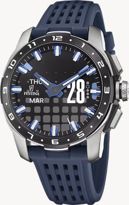 Festina Connected Full D Hybrid Smartwatch (44mm) Digital Display / Dark Blue Silicone Strap F23305/3