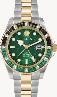 Philipp Plein HYPER-SPORT GMT-I CHALLENGER BAGUETTES (44mm) Green Dial / Two-Tone Stainless Steel Bracelet PWPZA0224