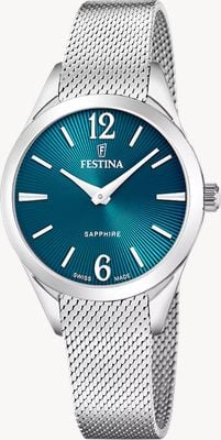 Festina Swiss Made Grace Quartz (32mm) Turquoise Sunray Dial / Stainless Steel Mesh Bracelet F20076/4