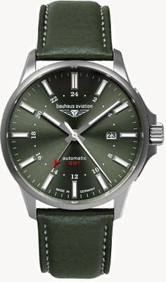 Bauhaus Aviation Titanium Automatic GMT (42mm) Dark Green Dial / Green Leather Strap 28684