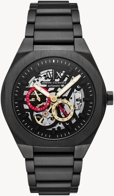 Armani Exchange Mechanical Skeleton (44mm) Black Skeleton Dial / Black PVD Stainless Steel Bracelet AX4196