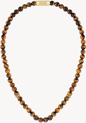 BOSS Jewellery Men's Sphere Stones Tiger's Eye Beads Gold-Tone Stainless Steel Necklace 1580663