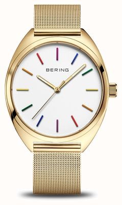 Bering FREEDOM Classic Quartz Rainbow (40mm) White Dial / Gold PVD Steel Mesh & Rainbow NATO Straps 127220-40-334