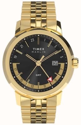 Timex Marlin Quartz GMT (40mm) Black Sunray Dial / Gold-Tone Stainless Steel Bracelet TW2Y47700