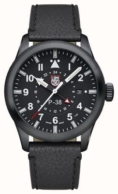Luminox P-38 Lightning GMT 9520 Series 'Black Stealth' (42mm) Black Dial / Black Leather Strap Watch XA.9531