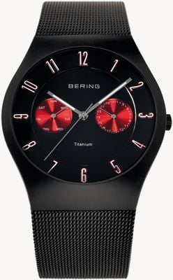 Bering Men's Titanium Black Red Accent Mesh Strap Watch 11939-229