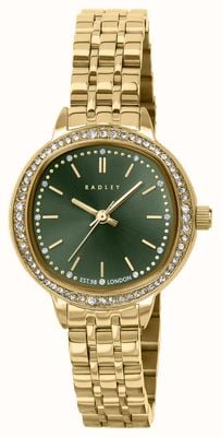Radley Crystal-Set Three-Hand Quartz (28mm) Cactus-Green Sunray Dial / Gold PVD Stainless Steel Bracelet RY4686