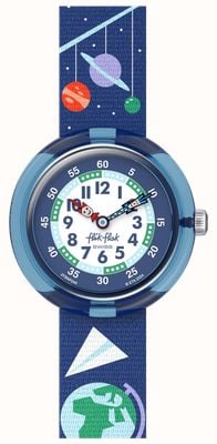 Flik Flak SCHOOL STUFF (31.85mm) White and Blue Dial / Blue Space Patterned Strap FBNP245
