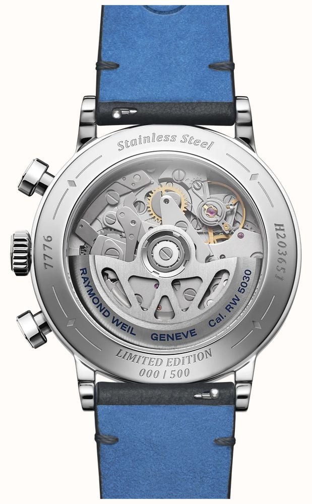 Raymond Weil Millesime Automatic Chronograph Limited Edition (39mm) Light Blue Dial / Dark Blue Leather Strap 7776-STC-65501 - alternate view 3