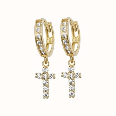 James Moore TH 9k Yellow Gold Drop Cross Cubic Zirconia Earrings ER1124