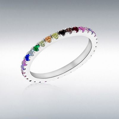 Sterling Silver Rhodium Plated 34 x 1.7mm Multi-Coloured Cubic Zirconia 2mm Band Ring 8.84.9841