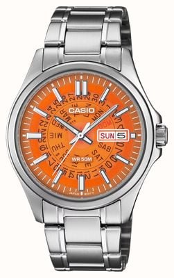 Casio MTP-E740 Series Day-Date Quartz (39.8mm) Transparent Orange Dial / Stainless Steel Bracelet MTP-E740-4AVER