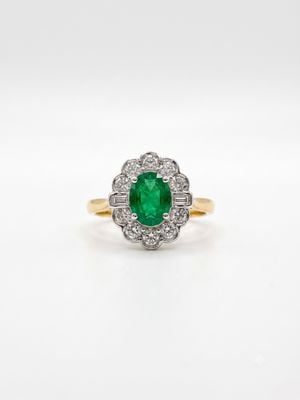 18ct Yellow Gold Emerald Cluster Vintage Diamond Ring R547D1-E/AZ18Y