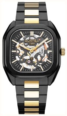 Roamer Men's Mechano MST (39.5mm) Black Skeleton Dial / BlackGold Stainless Steel & Black Leather Strap Set 985986 45 85 20