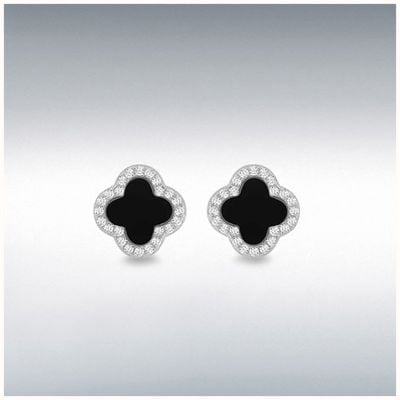 Sterling Silver Rhodium Plated 11mm Clover Black Agate and 1.1mm White CZ Stud Earring 8.59.1909