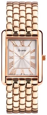 Accurist Women's Rectangle Quartz (26mm) White Dial / Rose-Gold PVD Stainless Steel Bracelet 71011