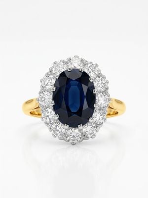 James Moore & Co Pre-Owned 18ct Yellow Gold Platinum Head Royal Blue 2.50ct Sapphire & 1.10ct Diamond Cluster Halo Ring J18130