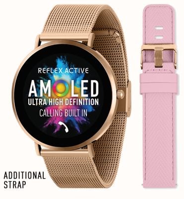 Reflex Active Series 42 Amoled UltraSlim Smart Calling Watch Set (43mm) RoseGold Steel Mesh & Pink Silicone Straps RA42-2210