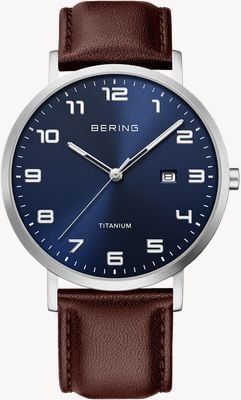 Bering Titanium Quartz (40mm) Blue Sunray Dial / Dark-Brown Leather Strap Watch 18640-505