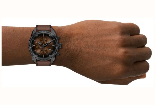 Diesel Spiked Black Leather Brown Dial Watch DZ4735 - alternate view 6