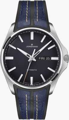 Junghans Meister S Automatic (English Date) (40.5mm) Matt Midnight Blue Dial / Black + Blue Synthetic Strap 27/4211.00