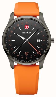 Wenger City GMT Quartz (42mm) Brushed Black Dial / Orange Silicone Strap 01.1442.104