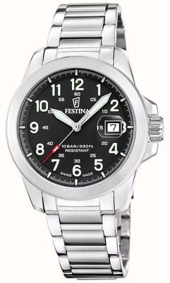 Festina Swiss Made Field Quartz (42mm) Black Dial / Interchangeable Strap Set (Steel/Leather/NATO) F20081/4