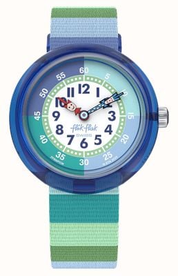 Flik Flak STRIPY GREEN (31.85mm) Blue, Green and White Dial / Blue and Green Striped Recycled PET Fabric Strap FBNP226