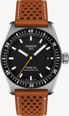 Tissot PR516 Powermatic 80 (38mm) Black Dial / Brown Perforated Leather Strap T1494071605100