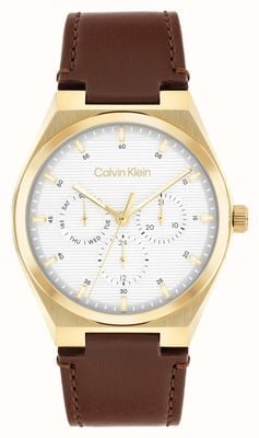 Calvin Klein CK Motion Multifunction (39mm) White Dial / Brown Leather Strap 25200523