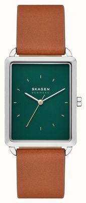 Skagen Men's Hagen (36mm) Green Rectangular Dial / Brown Leather Strap SKW6931