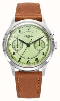 Vulcain Monopusher Heritage Manual Winding (38.9mm) Green Sunray Dial / Brown Calf Leather Strap Watch 650167A98.BAC207