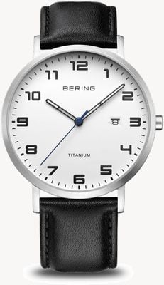 Bering Titanium | White Dial With Date Window | Black Leather Strap | Brushed Titanium Case 18640-404