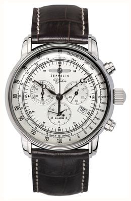 Zeppelin 100 Jahre Quartz Chronograph (42mm) Silver Dial / Dark Brown Leather Strap 7680-1