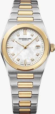 Raymond Weil A.R.T. Date Quartz Diamond (30mm) White Mother-of-Pearl Dial / Two-Tone Stainless Steel Bracelet Watch 1250-STP-97081