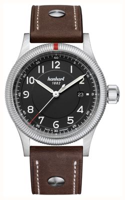 Hanhart PIONEER One Automatic (42mm) Black Dial / Dark Brown Leather Rivet Strap - M 762.210-0110