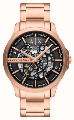 Armani Exchange Skeleton Automatic (46mm) Black Skeleton Dial / Rose Gold-Tone Stainless Steel Bracelet AX2456