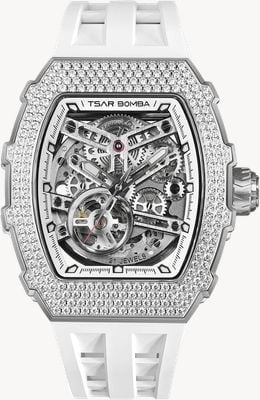 TSAR BOMBA Elemental Series Crystal Automatic (43mm) White Skeleton Dial / White FKM Rubber Strap TB8208D-11