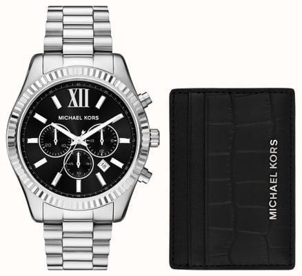Michael Kors Lexington Watch & Card Holder Gift Set (44mm) Black Dial / Stainless Steel Bracelet MK1091SET
