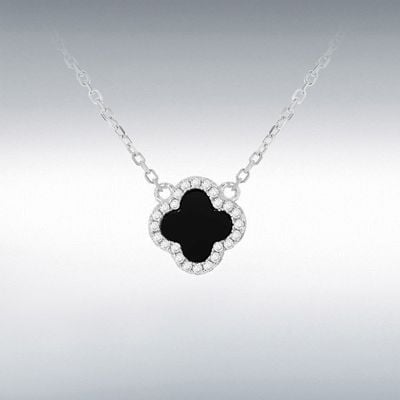 Sterling Silver Rhodium Plated 11mm Clover Black Agate and 1.1mm White CZ Adjustable Necklace 8.13.8050