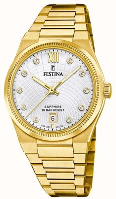 Festina Swiss Made Rivé Crystal Quartz (35mm) Silver Dial / Gold PVD Stainless Steel Bracelet F20058/1